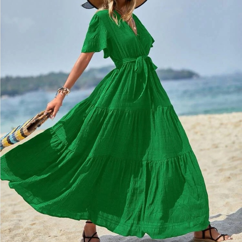 Boho surplice belted A line dress - Picture 1 of 15